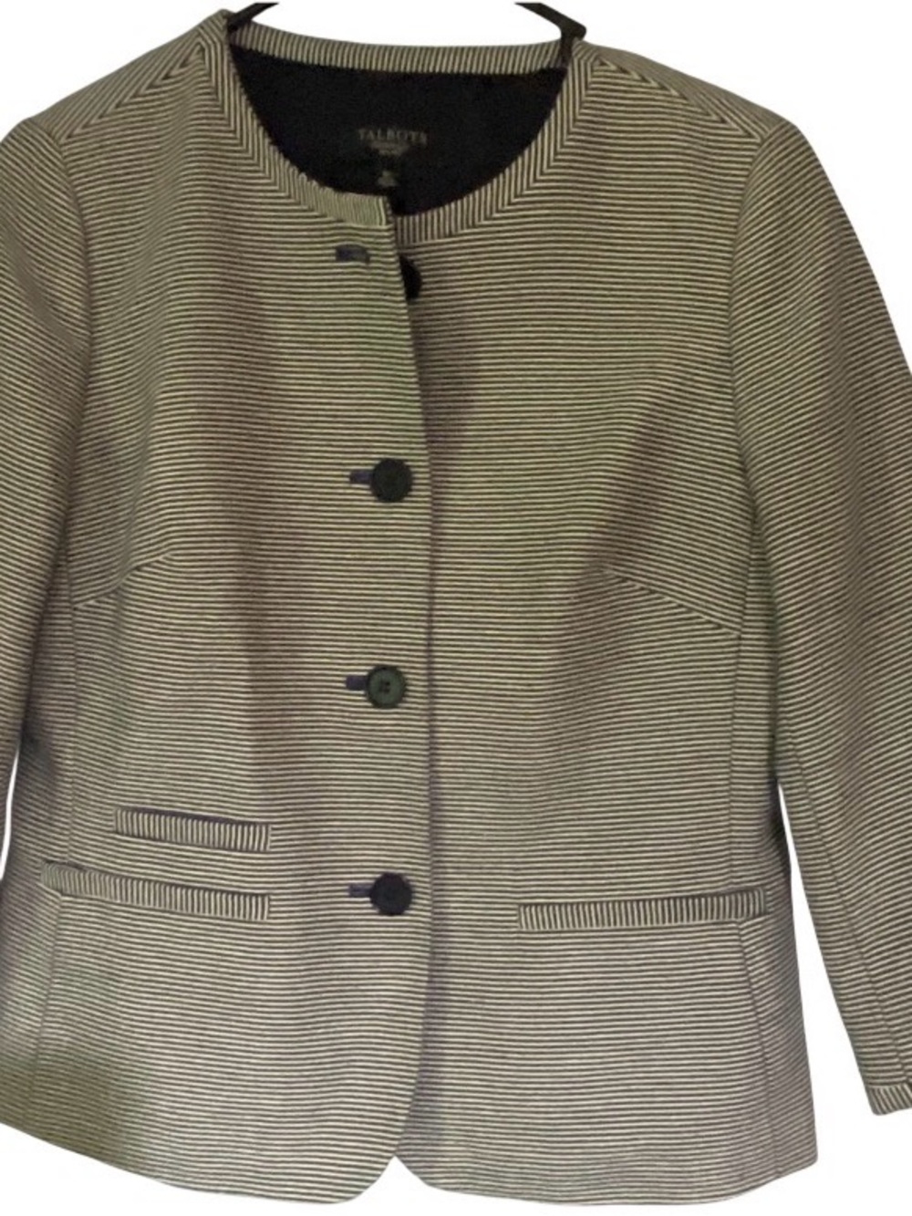 Talbots “Jackie Fit” Navy and Cream Striped Collarless Blazer 8P